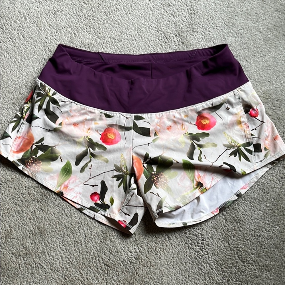 Oiselle Running Shorts, Floral with Purple Waistband, size 4